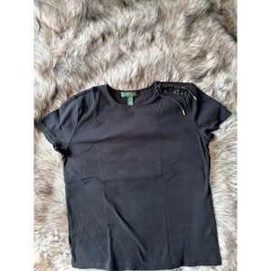 Lauren Ralph Lauren Petite Black Lace Up Shoulder Short Sleeve Ribbed Top P/M